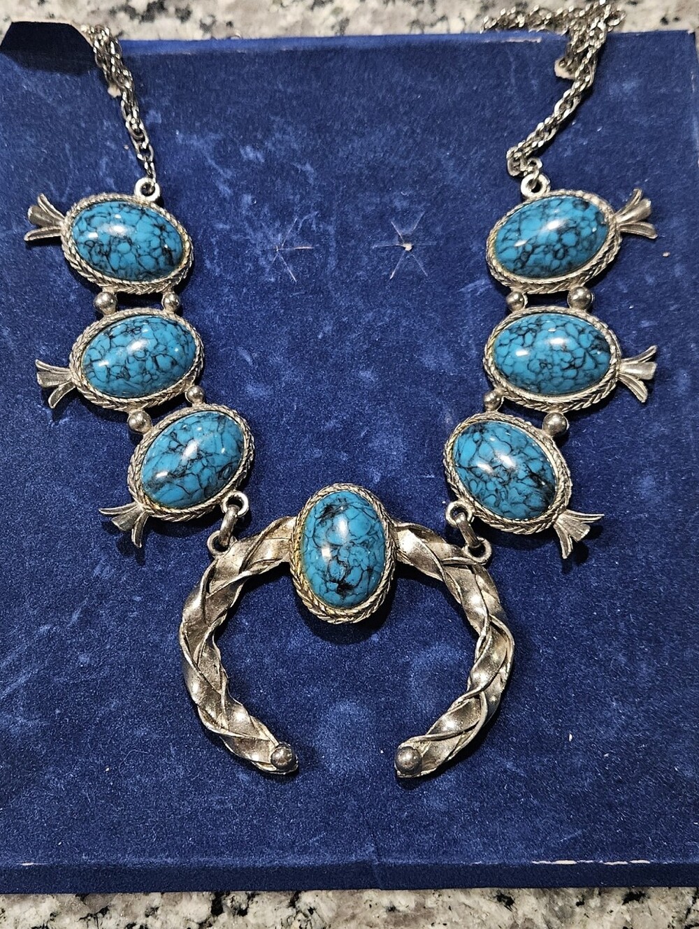 Vintage Faux Turquoise Squash Blossom Silver Tone Necklace Southwestern Boho